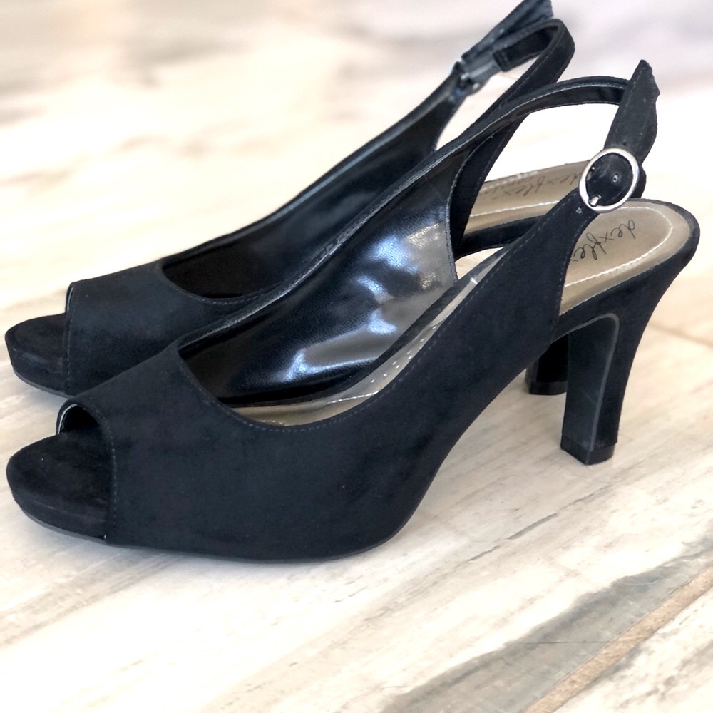 Black suede sling back heels